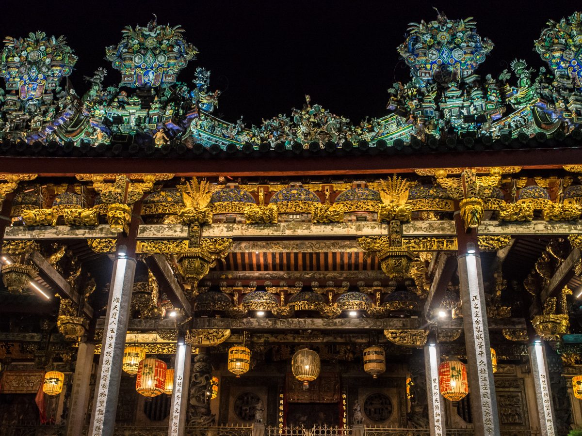 Ornate Chinese temple at night