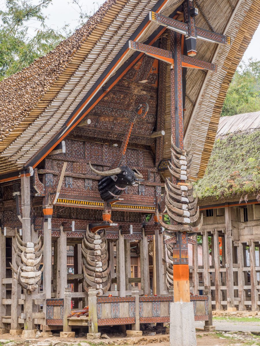 Traditional wooden house with many buffalo horns