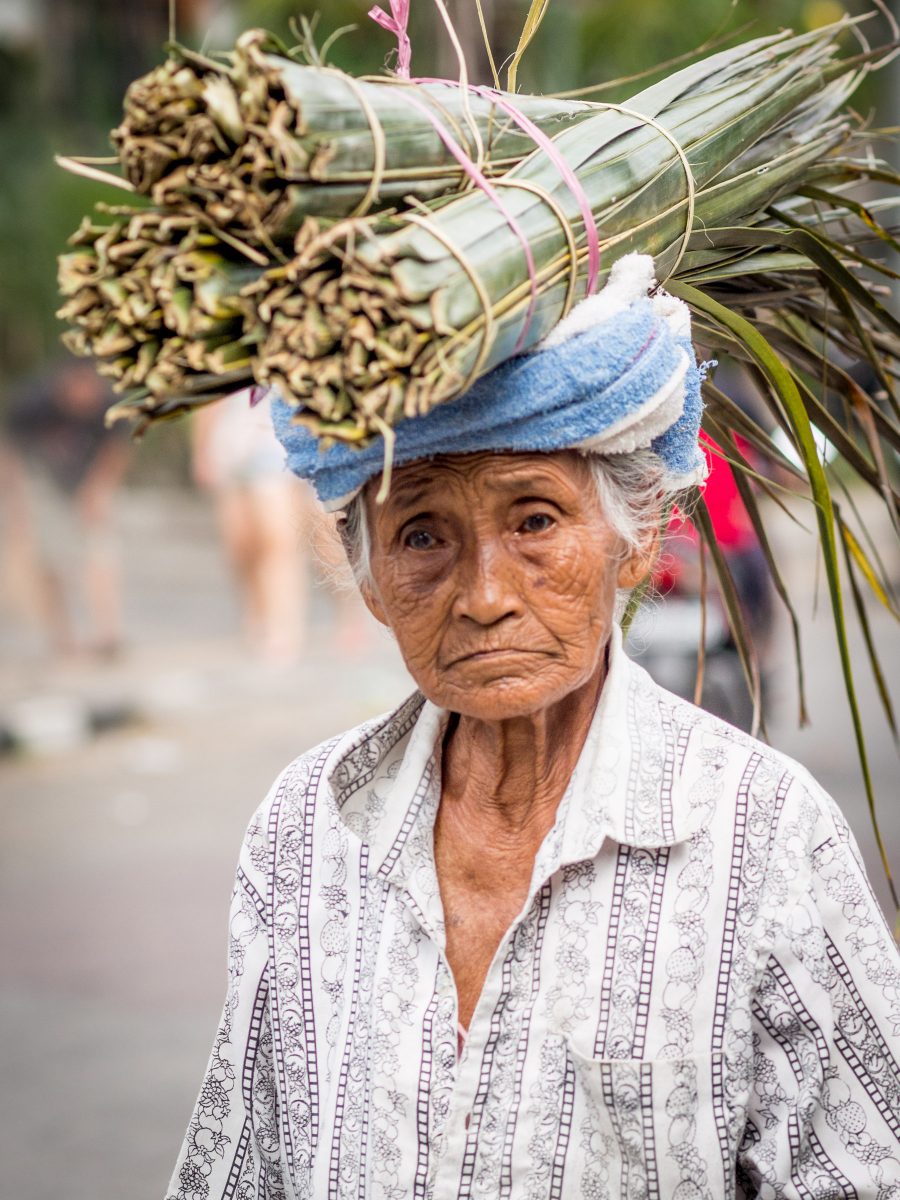 Old woman carrying sugar cane on head