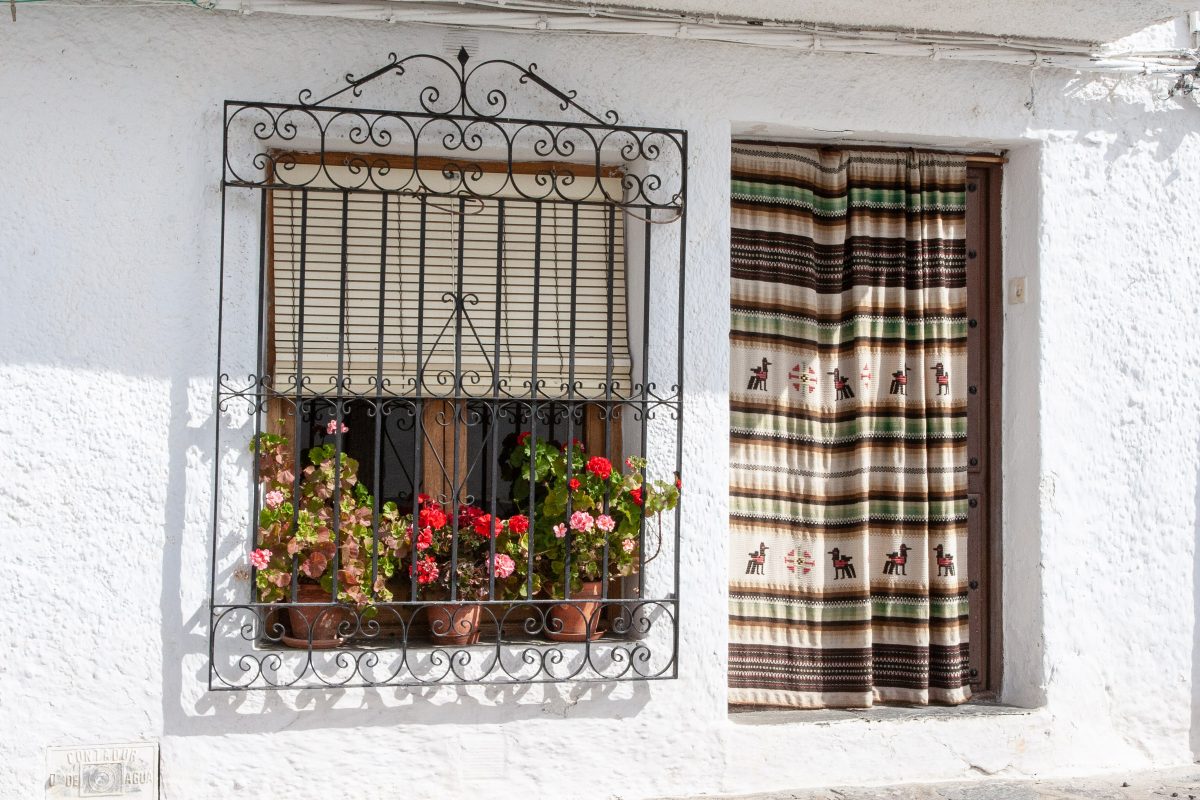 Window with iron grill and door with woven curtain.