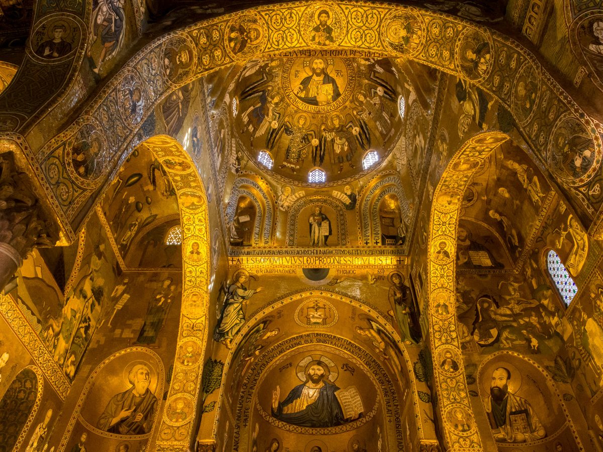 Golden Byzantine mosaics of Jesus and other religious images